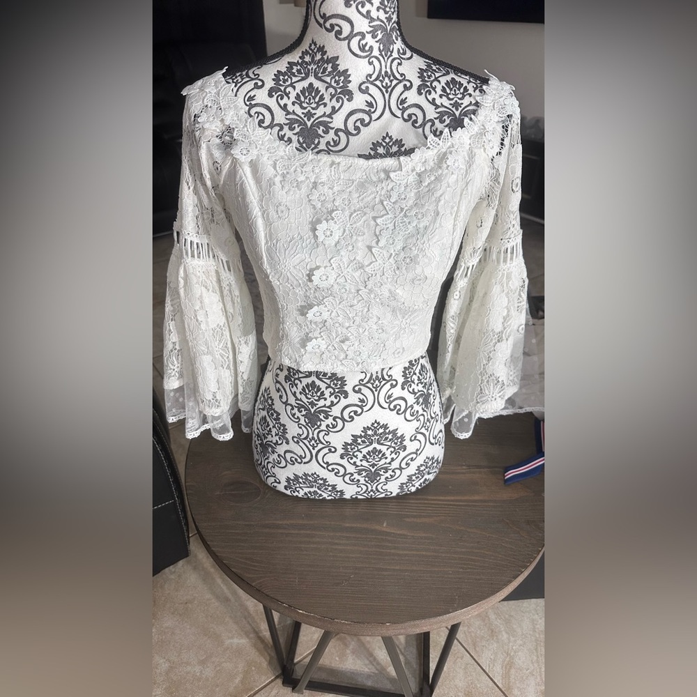 Fashion Nova Lace Bell Sleeve Blouse - Cream